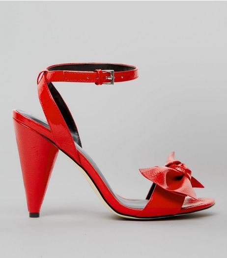Red Patent Bow Cone Heeled Sandals | New Look