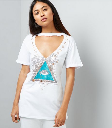 Petite White Choker Neck Mystic Eye Print T-Shirt | New Look
