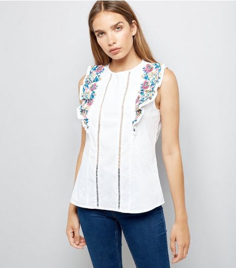 White Floral Embroidered Frill Front Top | New Look