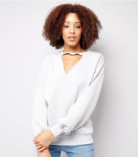 Pale Grey Choker Neck Balloon Sleeve Sweater | New Look
