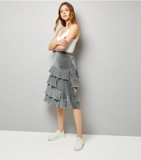 Silver Glitter Tiered Midi Skirt | New Look