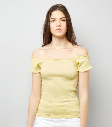 Soft Yellow Bardot Neck Frill Trim Top | New Look