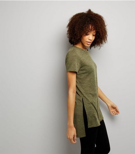 Khaki Split Side Longline T-Shirt | New Look