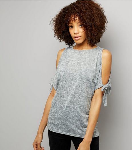 Grey Tie Sleeve Cold Shoulder Top | New Look