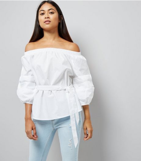 Petite White Balloon Sleeve Bardot Neck Top | New Look