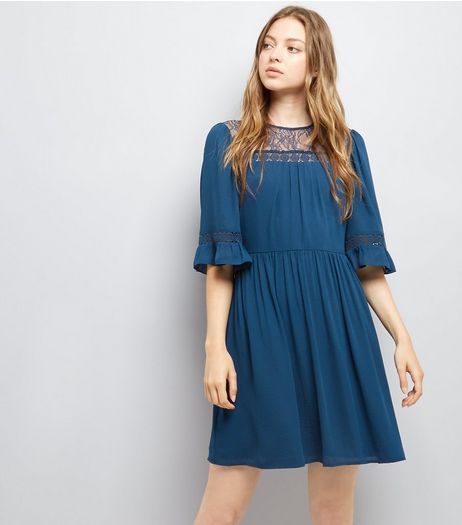 Navy Lace Neck Smock Dress | New Look