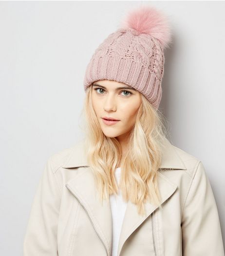 Pink Faux Fur Pom Pom Bobble Hat | New Look