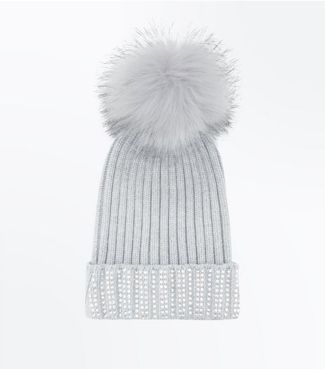 Grey Diamanté Trim Bobble Hat | New Look