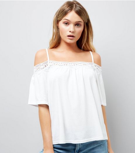White Crochet Trim Cold Shoulder Top | New Look
