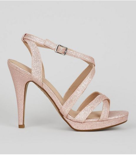 Rose Gold Comfort Glitter Cross Strap Heeled Sandals | New Look