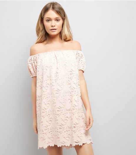 Light Coral Lace Bardot Mini Dress | New Look