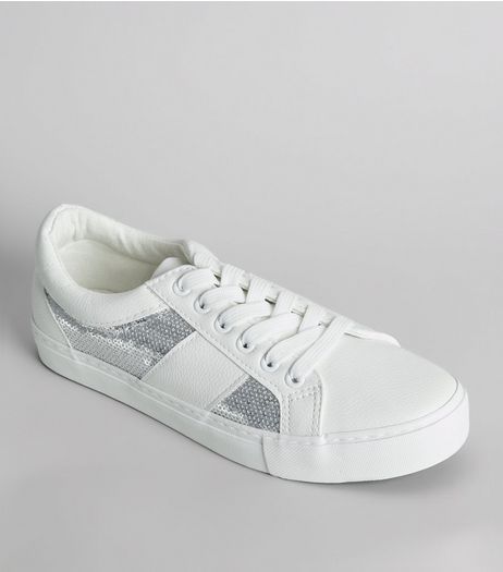 White Sequin Panel Lace Up Trainers | New Look