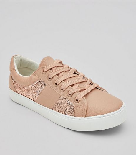 Pink Sequin Embellished Lace Up Trainers | New Look