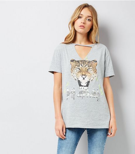 Grey Leopard Design Choker Neck T-Shirt | New Look