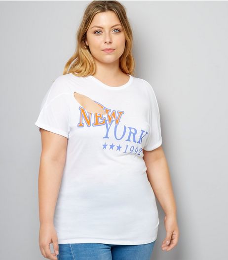 Curves White Ripped New York Print Cold Shoulder T-Shirt | New Look