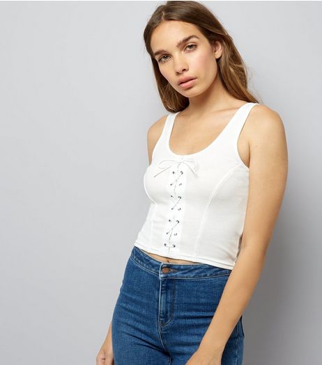 White Lace Up Ribbed Vest | New Look