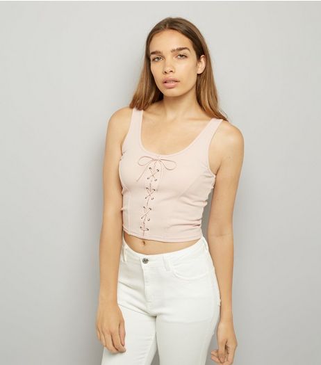 Pink Lace Up Ribbed Vest | New Look