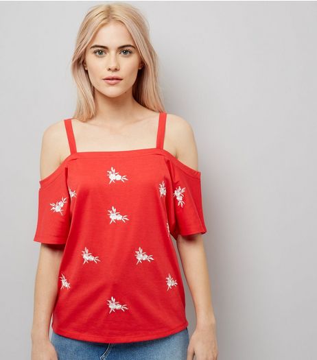 Red Floral Embroidered Cold Shoulder Top | New Look