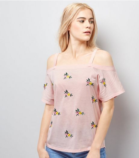 Pink Floral Embroidered Cold Shoulder Top | New Look