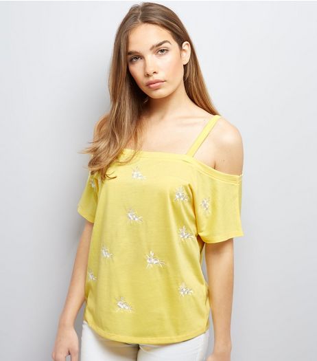 Yellow Floral Embroidered Cold Shoulder Top | New Look