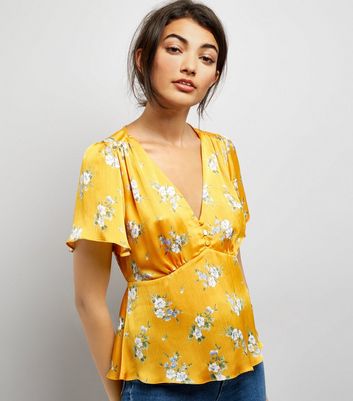 Image result for new look yellow Floral Print Satin V Neck Top