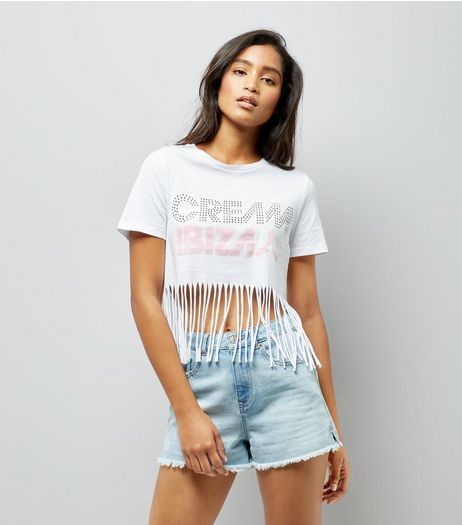 White Cream Ibiza Fringe Hem T-Shirt | New Look