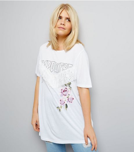 Curves White Empowered Slogan Fringe Trim T-Shirt | New Look