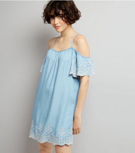Blue Lace Embroidered Hem Cold Shoulder Dress | New Look
