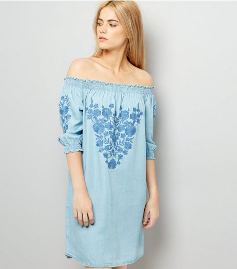 Blue Embroidered Bardot Neck Dress | New Look