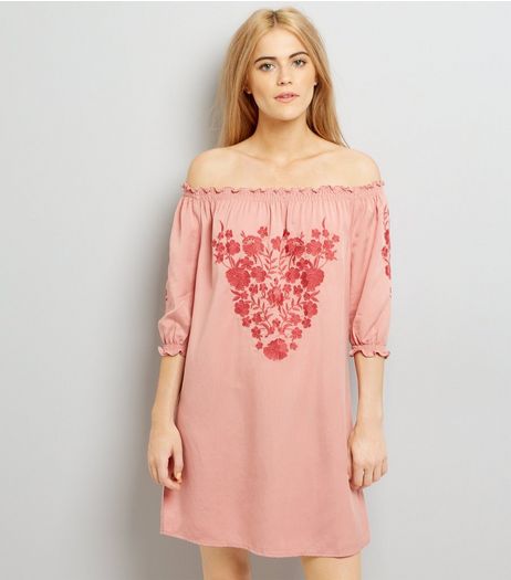 Shell Pink Embroidered Bardot Neck Dress | New Look