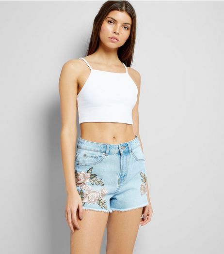Light Blue Denim Floral Embroidered Shorts | New Look