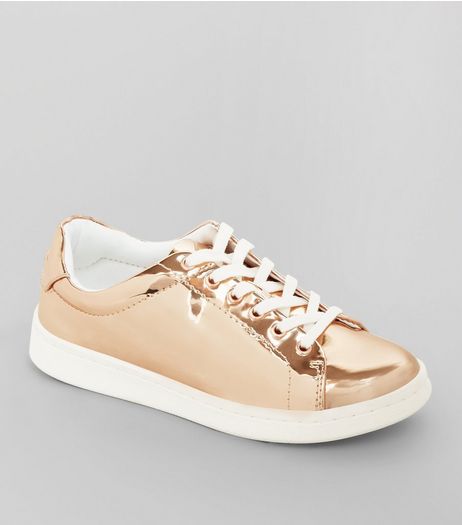 Teens Rose Gold Metallic Lace Up Trainers | New Look