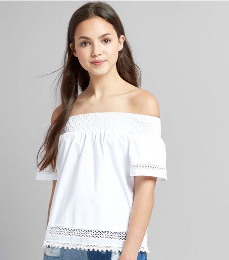 Teens White Crochet Bardot Neck Top | New Look
