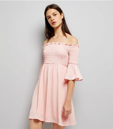 Cameo Rose Shell Pink Shirred Bardot Neck Dress | New Look