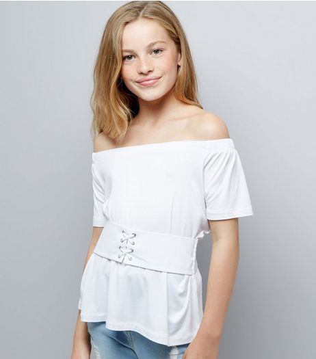 Teens White Corset Waist Bardot Neck Top | New Look