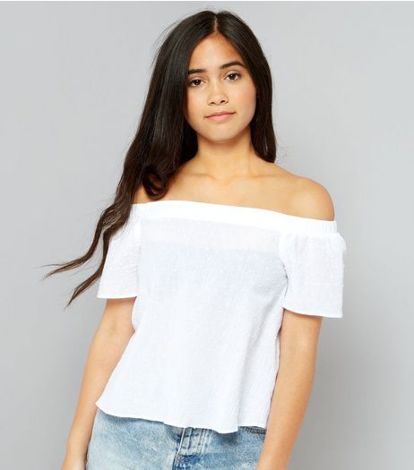 Teens White Spot Textured Bardot Neck Top | New Look