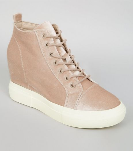 Nude Pink Velvet Wedge Trainers | New Look