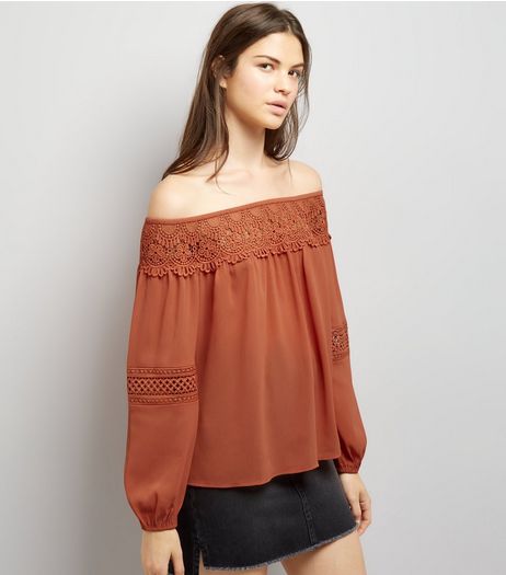 Dark Orange Crochet Trim Bardot Top | New Look
