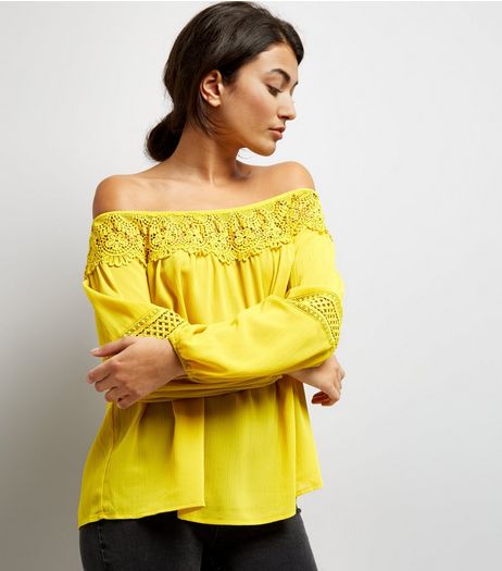 Yellow Crochet Trim Bardot Top | New Look