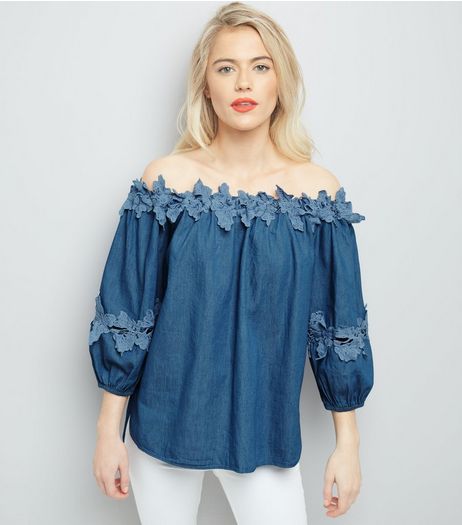 Cameo Rose Pale Blue Lace Trim Bardot Neck Top | New Look