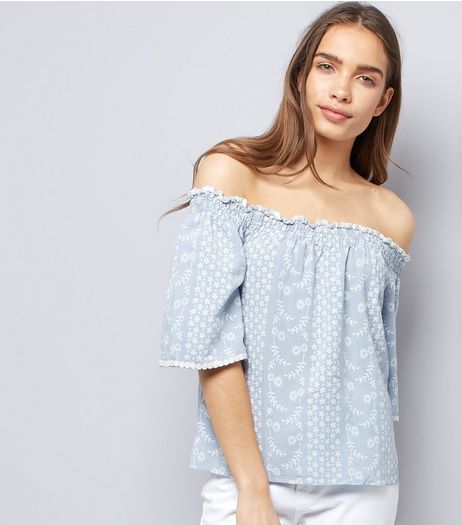 Apricot Blue Floral Print Shirred Bardot Neck Top | New Look