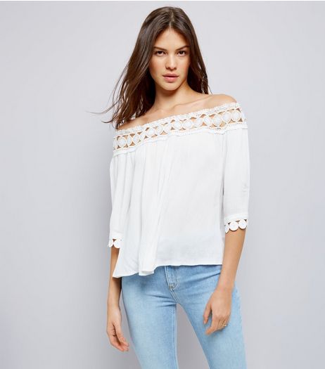Cameo Rose White Crochet Bardot Top | New Look