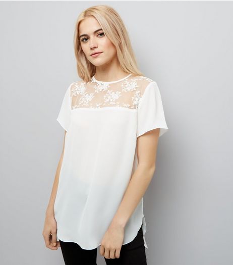 White Mesh Floral Embroidered Panel T-Shirt | New Look