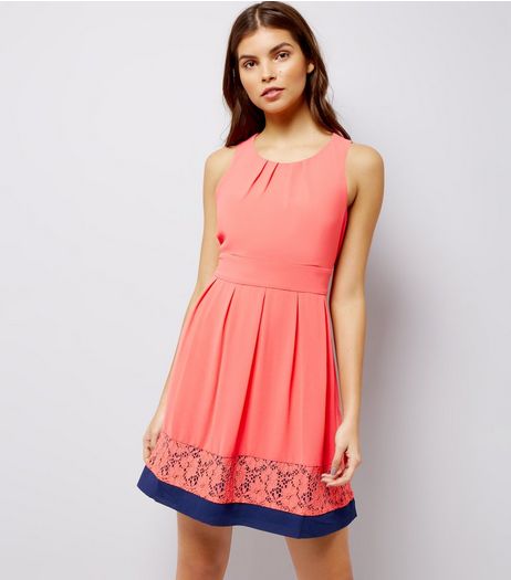 Blue Vanilla Coral Contrast Lace Trim Bow Back Dress | New Look