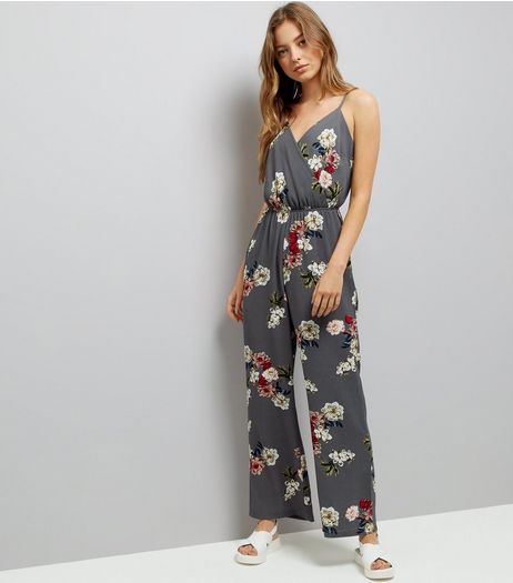 Light Grey Floral Print Wrap Front Jumpsuit | New Look