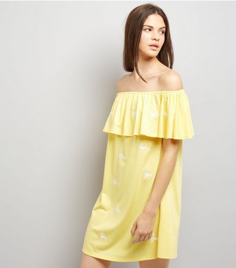 Yellow Floral Embroidered Bardot Neck Dress | New Look