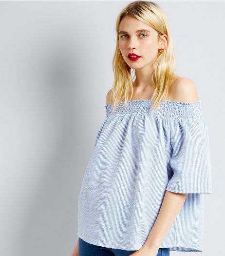 QED Blue Stripe Bardot Neck Top | New Look