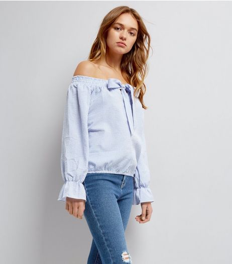 QED Blue Stripe Bow Front Bardot Top | New Look