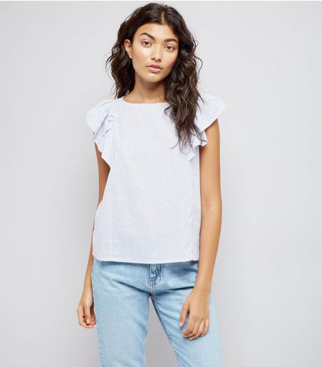 QED Blue Stripe Frill Trim Top | New Look