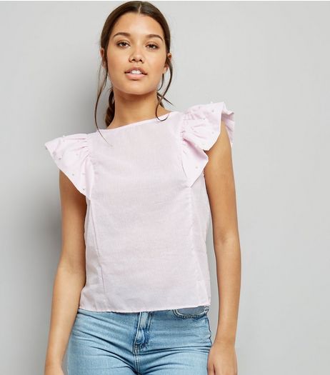 QED Pink Pearl Frill Trim Stripe Top | New Look